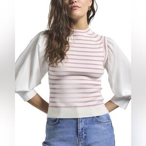 Derek Lam 10 Crosby Tirza Mixed Media Blouse Top in white and pink stripes XS/S